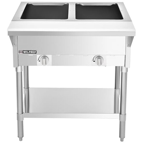 WILPREP 2 Well Commercial Gas Steam Table, 7000BTU Natural Gas Food Warmer with 8" Cutting Board & Storage Shelf, 30" Stainless Steel Food Warmer with Knob Control for Catering Buffets Restaurants