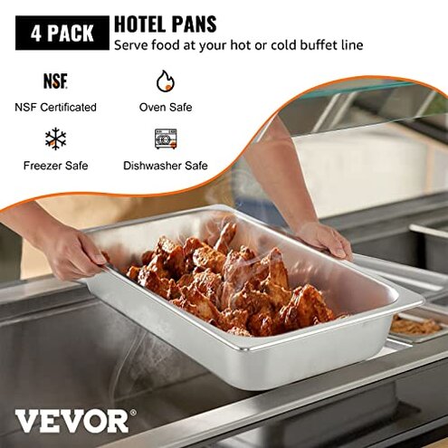 VEVOR Hotel Pans Full Size 4-Inch Deep, Steam Table Pan 6 Pack,0.8mm Thick Stainless Steel Anti Jam Steam Table Pan for Home, Party, Restaurant, Hotel, Buffet