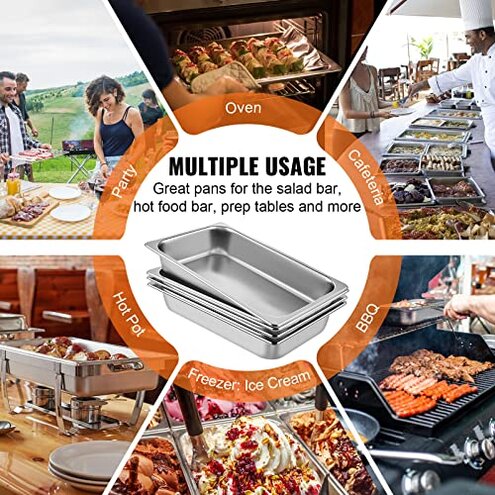 VEVOR Hotel Pans Full Size 4-Inch Deep, Steam Table Pan 6 Pack,0.8mm Thick Stainless Steel Anti Jam Steam Table Pan for Home, Party, Restaurant, Hotel, Buffet