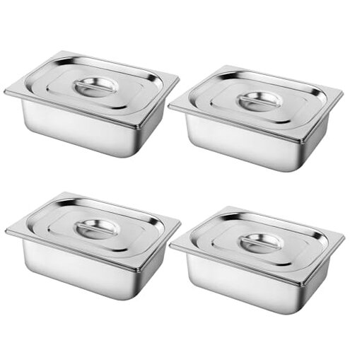 West Bay 4 Pack 1/2 Half Size Hotel Pan with Lids, 4'' Deep Steam Table Pan with Lid, 12.8''L x 10.4''W Stainless Steel Pans for Home, Party, Hotel, Buffet