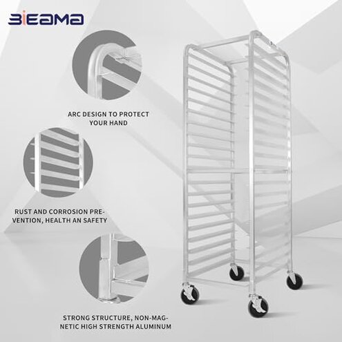BIEAMA 20-Tier Sheet Pan Rack, NSF Bun Pan Rack, Aluminum Bakery Rack, Home Commercial Kitchen Bakery Cooling Rack, 4 Wheels