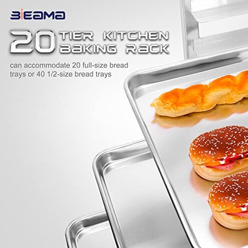 BIEAMA 20-Tier Sheet Pan Rack, NSF Bun Pan Rack, Aluminum Bakery Rack, Home Commercial Kitchen Bakery Cooling Rack, 4 Wheels