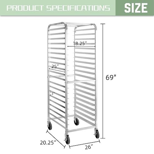 HALLY SINKS & TABLES H Bun Pan Rack 20 Tier with Wheels, Commercial Bakery Racking of Aluminum for Full & Half Sheet - Kitchen, Restaurant, Cafeteria, Pizzeria, Hotel and Home, 26" L x 20" W x 69" H