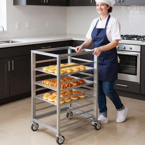 VEVOR 10-Tier Bun Pan Rack, Aluminum Racking Trolley Storage with Brake Wheels, Commercial Bakery Racks for Half & Full Sheet, Speed Rack For Kitchen Home, Bread Baking Equipment, 26"L x 20.3"W x 39"H