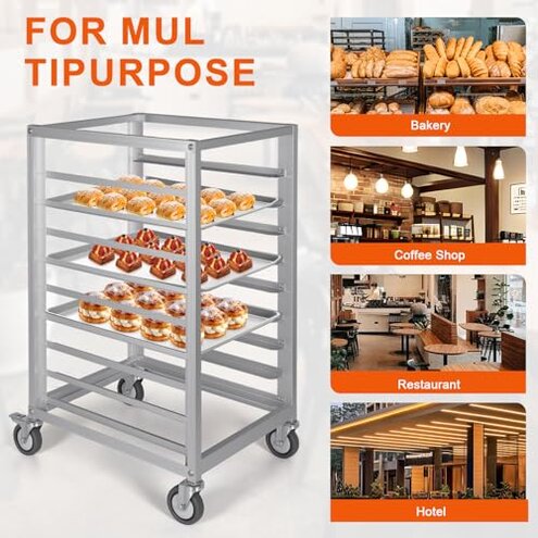 VEVOR 10-Tier Bun Pan Rack, Aluminum Racking Trolley Storage with Brake Wheels, Commercial Bakery Racks for Half & Full Sheet, Speed Rack For Kitchen Home, Bread Baking Equipment, 26"L x 20.3"W x 39"H