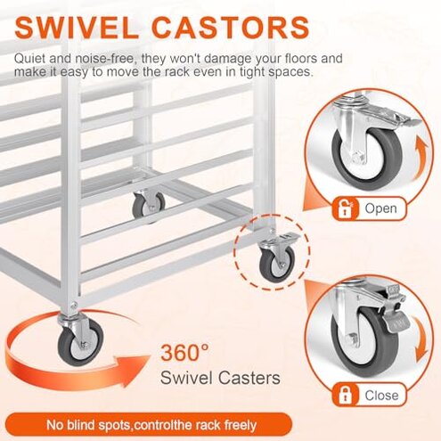VEVOR 10-Tier Bun Pan Rack, Aluminum Racking Trolley Storage with Brake Wheels, Commercial Bakery Racks for Half & Full Sheet, Speed Rack For Kitchen Home, Bread Baking Equipment, 26"L x 20.3"W x 39"H