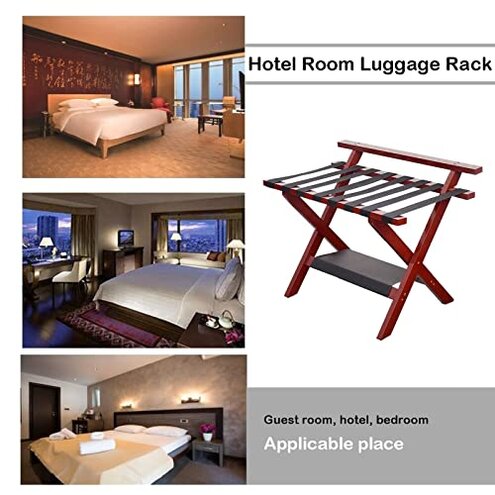 Smart FENDEE 2 Pack Luggage Rack, Folding Luggage Rack for Guest Room, Walnut Bamboo Suitcase Stand Holds up to 131 lb, Luggage Stand with Storage Shelf for Hotel, Bedroom