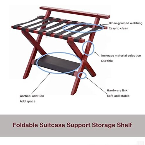 Smart FENDEE 2 Pack Luggage Rack, Folding Luggage Rack for Guest Room, Walnut Bamboo Suitcase Stand Holds up to 131 lb, Luggage Stand with Storage Shelf for Hotel, Bedroom
