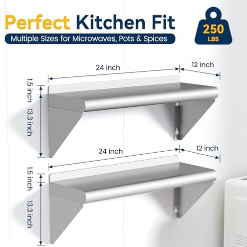 Chingoo Stainless Steel Shelf 12" x 24" - 2 Pack 250 lb Wall Mounted Commercial Stainless Steel Shelves Metal Shelving for Restaurant, Bar, Utility Room, Kitchen and Garage