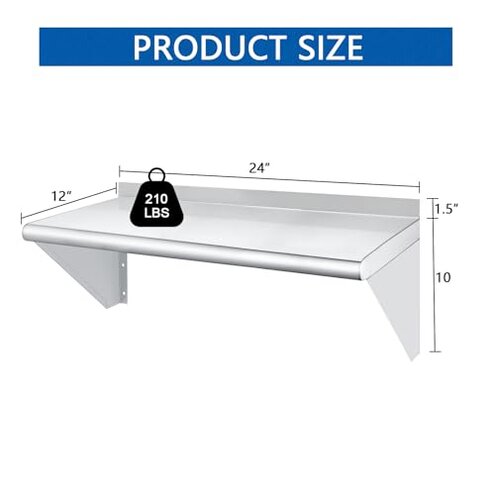HARDURA Stainless Steel Shelf 12" x 24", 210lb Commercial Shelves Wall Mount Metal Shelving with Backsplash and Brackets for Kitchen, Restaurant, Laundry Room and Home
