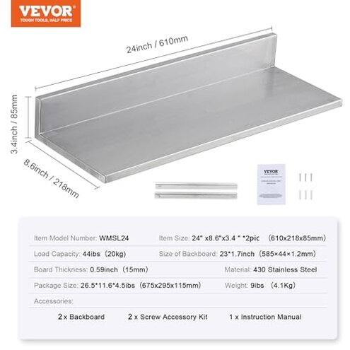 VEVOR 8.6" x 24" -2Pack Stainless Steel Shelf, Wall Mounted Floating Shelving with Backsplash, 44 lbs Load Capacity Commercial Shelves, Heavy Duty Storage Rack for Restaurant, Kitchen, Bar, Home
