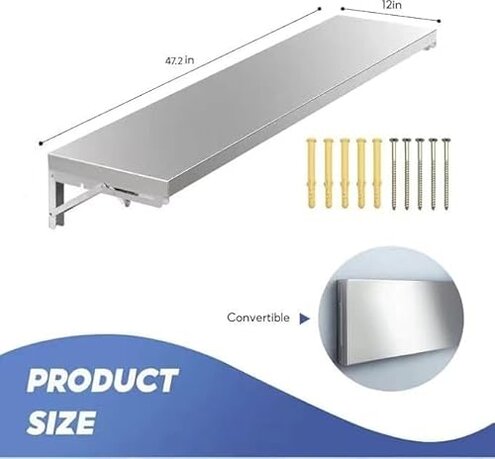 Concession Shelf 47.2" L x 12" W, Folding Concession Shelf for Food Truck, Stainless Steel Drop Down Folding Serving Food Shelf Stand for Concession Windows