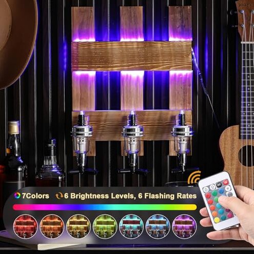 Geelin 3-bottle Wall Mounted Liquor Dispenser LED Lighted Whiskey Dispenser, Wooden Wall Shelf Whiskey Cocktail Shot Measure Bracket Glass Drink Shelf for Home Bar Gift