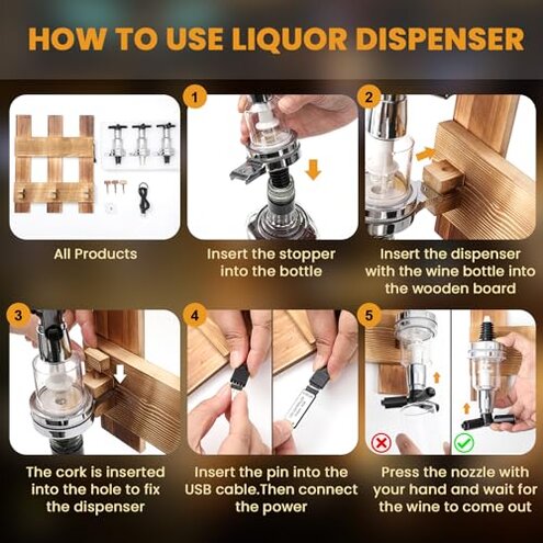 Geelin 3-bottle Wall Mounted Liquor Dispenser LED Lighted Whiskey Dispenser, Wooden Wall Shelf Whiskey Cocktail Shot Measure Bracket Glass Drink Shelf for Home Bar Gift