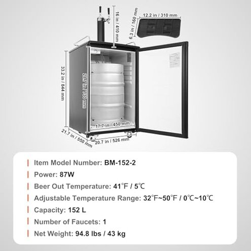 VEVOR Beer Kegerator, Dual Tap Commercial Draft Beer Dispenser for D system, Full Size Keg Refrigerator with 5lbs CO2 Tank, Hold 2 Sixth / 2 Ball lock keg, Black
