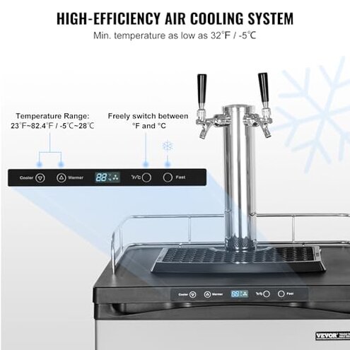 VEVOR Beer Kegerator, Dual Tap Draft Beer Dispenser, Full Size Keg Refrigerator With Shelf, CO2 Tank(No Gas), Drip Tray & Rail, 23&deg;F- 82.4&deg;F Temperature Control, 162L, Silver
