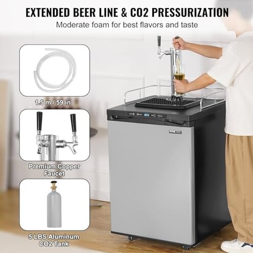 VEVOR Beer Kegerator, Dual Tap Draft Beer Dispenser, Full Size Keg Refrigerator With Shelf, CO2 Tank(No Gas), Drip Tray & Rail, 23&deg;F- 82.4&deg;F Temperature Control, 162L, Silver