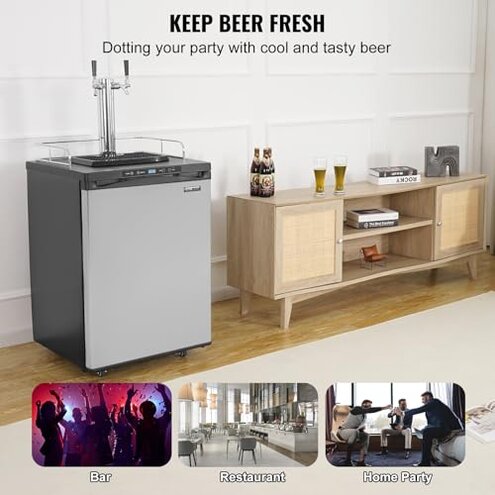 VEVOR Beer Kegerator, Dual Tap Draft Beer Dispenser, Full Size Keg Refrigerator With Shelf, CO2 Tank(No Gas), Drip Tray & Rail, 23&deg;F- 82.4&deg;F Temperature Control, 162L, Silver