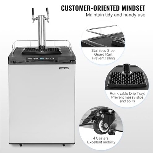 VEVOR Beer Kegerator, Dual Tap Draft Beer Dispenser, Full Size Keg Refrigerator With Shelf, CO2 Tank(No Gas), Drip Tray & Rail, 23&deg;F- 82.4&deg;F Temperature Control, 162L, Silver