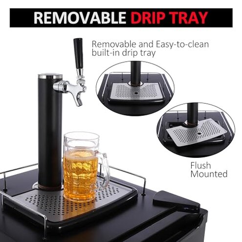 PioneerWorks Beer Kegerator, Single Tap Draft Beer Dispenser, Full Size Stainless Steel Keg Refrigerator With Drip Tray, CO2 Cylinder, 32°F- 50°F Temperature Control