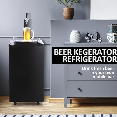 PioneerWorks Beer Kegerator, Single Tap Draft Beer Dispenser, Full Size Stainless Steel Keg Refrigerator With Drip Tray, CO2 Cylinder, 32°F- 50°F Temperature Control