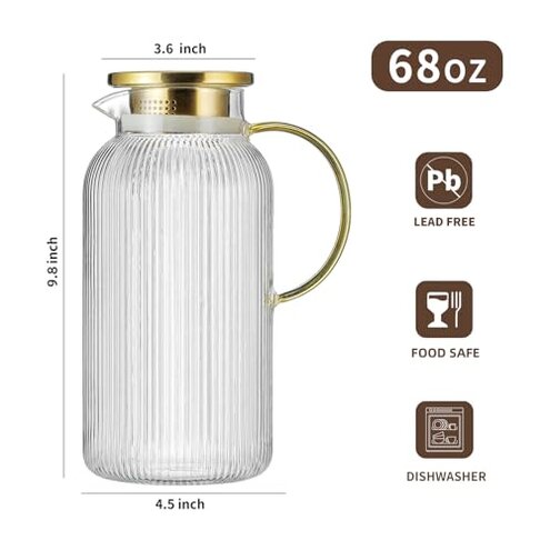 Buaic 2 PACK Glass Pitcher with Lid, 68 oz/ 2 Liter Classic Vertical Stripes Water Pitcher with Yellow Handle,Glass Water Carafe for Cold Brew, Coffee, Lemonade, Iced Sun Tea,Beverage,Heat Resistant