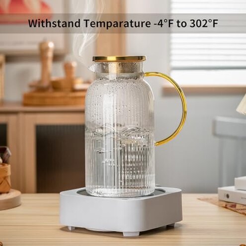 Buaic 2 PACK Glass Pitcher with Lid, 68 oz/ 2 Liter Classic Vertical Stripes Water Pitcher with Yellow Handle,Glass Water Carafe for Cold Brew, Coffee, Lemonade, Iced Sun Tea,Beverage,Heat Resistant