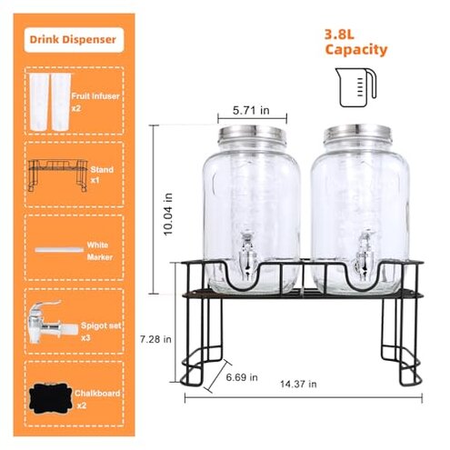 1 Gallon Glass Drink Dispensers For Parties-Set of 2,Drink Dispenser with Fruit Infuser & Stand,Juice or Beverage Dispenser for BBQ, Picnic, Party,Laundry Detergent Dispenser