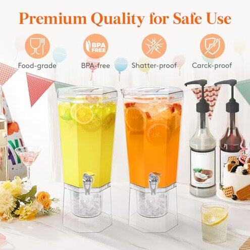 Lifewit 1 Gallon Drink Dispensers for Parties 2 Pcs (in 1 Package), 4L Plastic Beverage Containers with Stand for Juice/Tea/Soda/Water, Clear Ice Lemonade Dispensers with Lid & Leak-proof Spigot