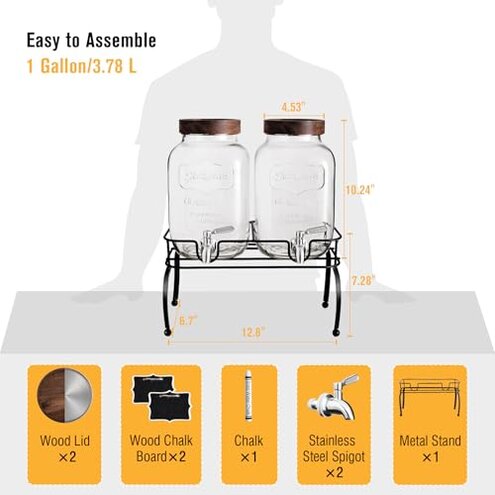 mustry Glass Drink Dispenser for Parties, 1 Gallon Beverage Dispenser with Stand and Spigot Solid Stainless Steel, Used as Lemonade Dispenser Sun Tea Jar Kombucha Jar, Set of 2