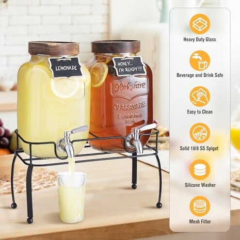 mustry Glass Drink Dispenser for Parties, 1 Gallon Beverage Dispenser with Stand and Spigot Solid Stainless Steel, Used as Lemonade Dispenser Sun Tea Jar Kombucha Jar, Set of 2