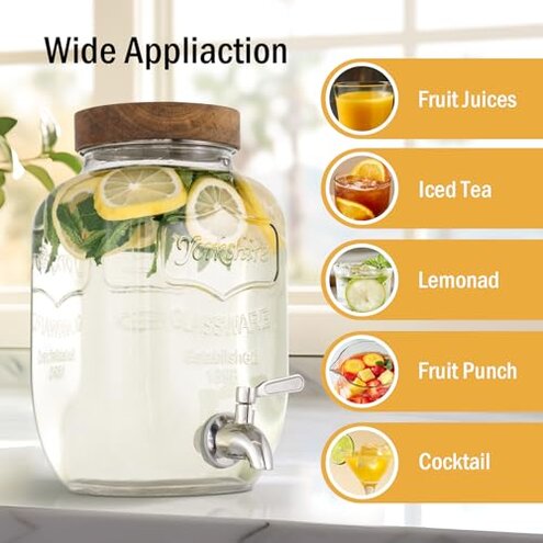mustry Glass Drink Dispenser for Parties, 1 Gallon Beverage Dispenser with Stand and Spigot Solid Stainless Steel, Used as Lemonade Dispenser Sun Tea Jar Kombucha Jar, Set of 2