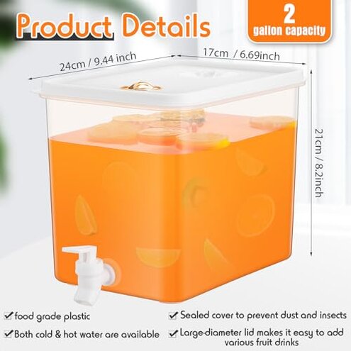 Domensi 4 Pack 2 Gallon Fridge Beverage Drink Dispenser with Spigot Leak-proof Lids Filter Screen Juice Container Sealed Plastic Lemonade Water Milk Cold Hot Drink Tea Jug for Party Daily Use