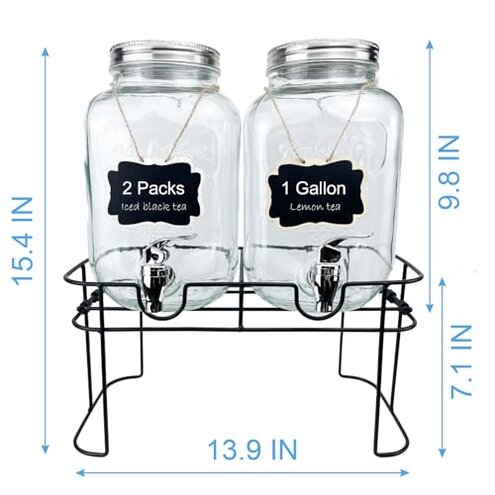 1 Gallon Glass Drink Dispenser for Parties, 2 Packs Juice Lemonade Ice Tea Water Dispenser with Stand, HENABLE Beverage Dispensers with Spigot for BBQ, Picnic, Party