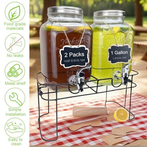 1 Gallon Glass Drink Dispenser for Parties, 2 Packs Juice Lemonade Ice Tea Water Dispenser with Stand, HENABLE Beverage Dispensers with Spigot for BBQ, Picnic, Party