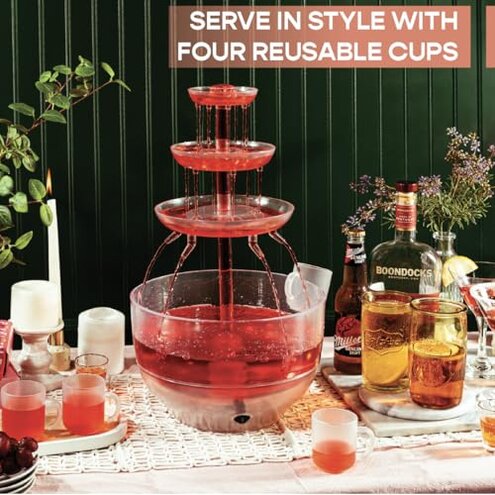 Kusini Drink Fountain for Parties - 1.5 Gal, 3 Tier Punch Bowl Drink Tower, LED Base, 4 Reusable Cups - Drink Dispenser Machine for, Juice, Punch, Pani Puri Fountain for Party Hosting Supplies