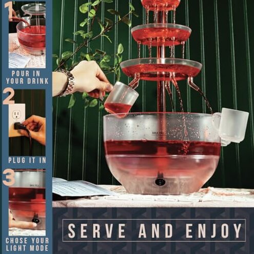 Kusini Drink Fountain for Parties - 1.5 Gal, 3 Tier Punch Bowl Drink Tower, LED Base, 4 Reusable Cups - Drink Dispenser Machine for, Juice, Punch, Pani Puri Fountain for Party Hosting Supplies