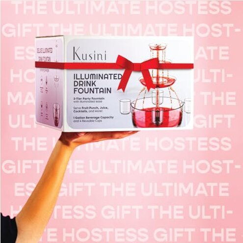 Kusini Drink Fountain for Parties - 1.5 Gal, 3 Tier Punch Bowl Drink Tower, LED Base, 4 Reusable Cups - Drink Dispenser Machine for, Juice, Punch, Pani Puri Fountain for Party Hosting Supplies