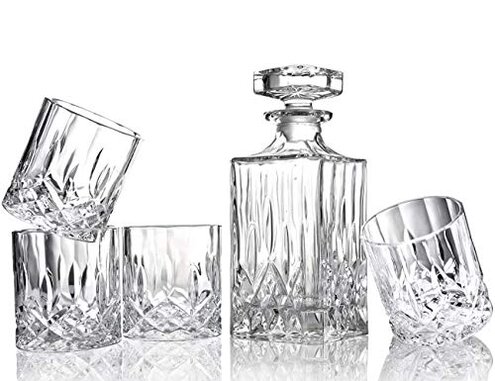 ELIDOMC 5PC Italian Crafted Glass Whiskey Decanter & Whiskey Glasses Set, Crystal Decanter Set With 4 Double Old Fashioned Glasses, 100% Lead Free Whiskey Glassware