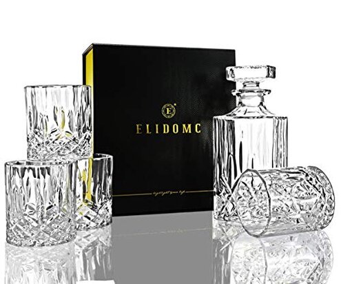 ELIDOMC 5PC Italian Crafted Glass Whiskey Decanter & Whiskey Glasses Set, Crystal Decanter Set With 4 Double Old Fashioned Glasses, 100% Lead Free Whiskey Glassware