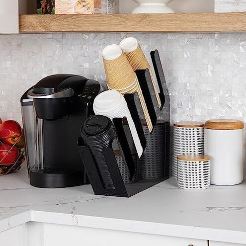 Mind Reader Cup and Lid Dispenser, Countertop Org, Coffee Bar, Beverage Cup, Kitchen, Breakroom, 4"L x 18"W x 16"H, Black