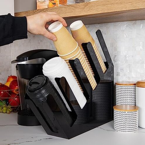 Mind Reader Cup and Lid Dispenser, Countertop Org, Coffee Bar, Beverage Cup, Kitchen, Breakroom, 4"L x 18"W x 16"H, Black