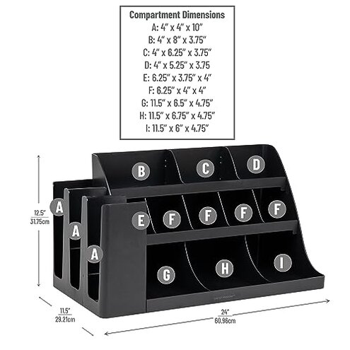 Mind Reader Extra Large Cup and Condiment Station, Countertop Organizer, Coffee Bar, Kitchen, Stirrers, 24"L x 11.5"W x 12.5"H, Black