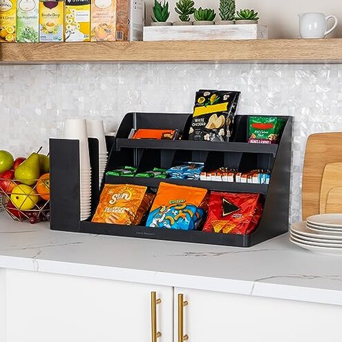 Mind Reader Extra Large Cup and Condiment Station, Countertop Organizer, Coffee Bar, Kitchen, Stirrers, 24"L x 11.5"W x 12.5"H, Black