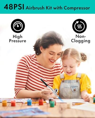 Gocheer Airbrush Kit with Air Compressor, 40 48 PSI High Pressure Air Brush Non-Clogging with 0.2/0.3/0.5mm Nozzle/Cleaning Sets, Ideal for Painting, Modeling, Cake Decor, Makeup (Black, 40 PSI)