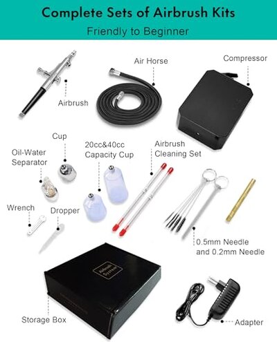 Gocheer Airbrush Kit with Air Compressor, 40 48 PSI High Pressure Air Brush Non-Clogging with 0.2/0.3/0.5mm Nozzle/Cleaning Sets, Ideal for Painting, Modeling, Cake Decor, Makeup (Black, 40 PSI)