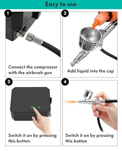 Gocheer Airbrush Kit with Air Compressor, 40 48 PSI High Pressure Air Brush Non-Clogging with 0.2/0.3/0.5mm Nozzle/Cleaning Sets, Ideal for Painting, Modeling, Cake Decor, Makeup (Black, 40 PSI)