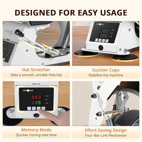 HTVRONT Hat Press Machine - Hat Press Heat Machine for Caps with 2 Platens & Caps Stretcher, White Hat Heat Press Machine for Caps with Memory Mode and Non-Slip Base for Heat Transfer Vinyl