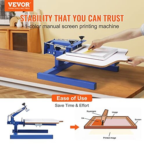 VEVOR Screen Printing Machine, 1 Color 1 Station Silk Screen Printing Press, 21.2x17.7in / 54x45cm Screen Printing Press, Double-Layer Positioning Pallet, Adjustable Tension for T-Shirt DIY Printing