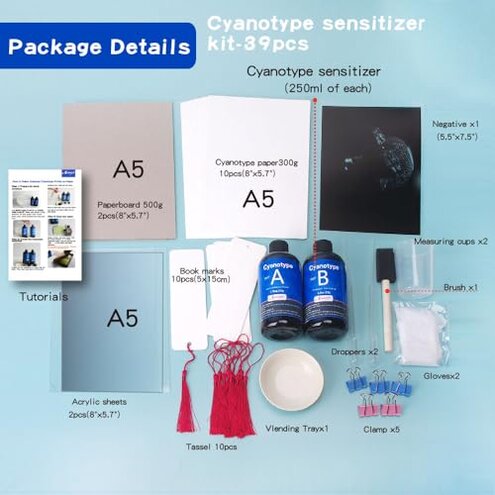 Csyidio Cyanotype Kit Include 2 Component Sensitizer Set, 40 Sheets A5 Paper Brush Tools and Instructions Sun Print Nature Printing Kit for Photographic Blueprints DIY Arts Crafts Projects